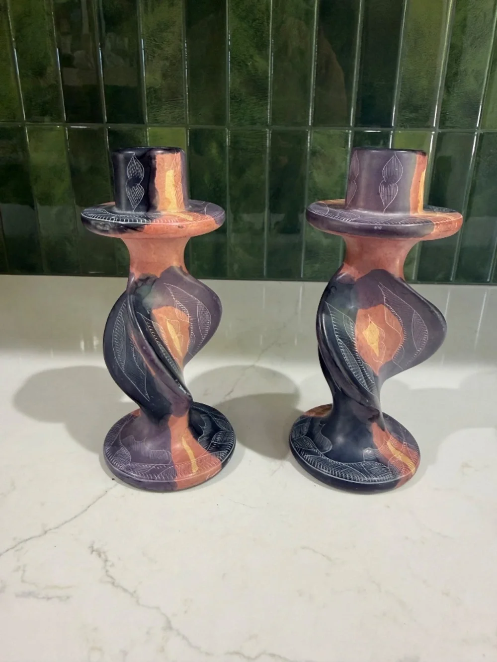 Pair Hand Carved Kenya Soapstone Candlesticks